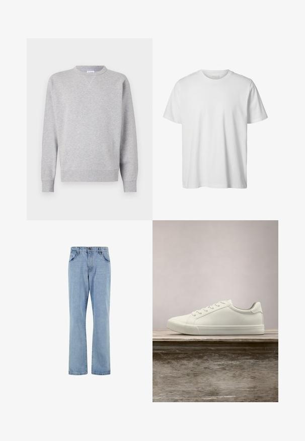 Grijze sweatshirt van zacht materiaal, met een ronde hals, lange mouwen, geribbelde manchetten en een rechte zoom. Geen zichtbare patronen of grafische elementen.; Eenvoudig wit T-shirt met korte mouwen en ronde hals, losse pasvorm en zonder zichtbare logo's of ontwerpen aan de voorkant.; Lichtblauwe rechte spijkerbroek met voorzakken, riemlussen en knoopsluiting op een witte achtergrond.; Witte vetersneaker die boven een houten bank zweeft met groene bladeren op de achtergrond, waarbij het ontwerp en de textuur van de schoen worden getoond.