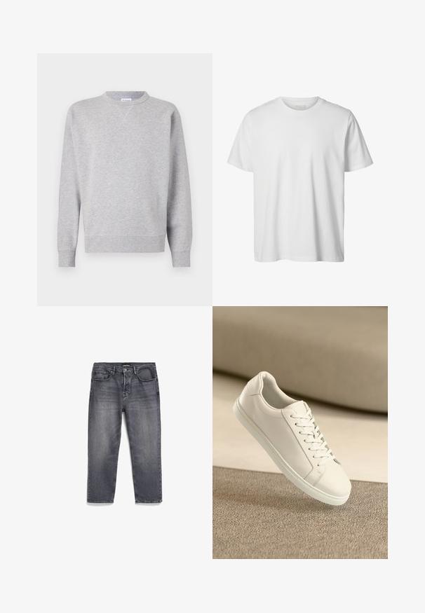 Grijze sweatshirt van zacht materiaal, met een ronde hals, lange mouwen, geribbelde manchetten en een rechte zoom. Geen zichtbare patronen of grafische elementen.; Eenvoudig wit T-shirt met korte mouwen en ronde hals, losse pasvorm en zonder zichtbare logo's of ontwerpen aan de voorkant.; Grijze denim jeans met een vervaagde afwerking, met een rechte snit, vijf zakken ontwerp en een licht versleten uitstraling.; Witte leren sneaker met witte veters, weergegeven op een beige textuurovervlak en een zacht vervaagd achtergrond.