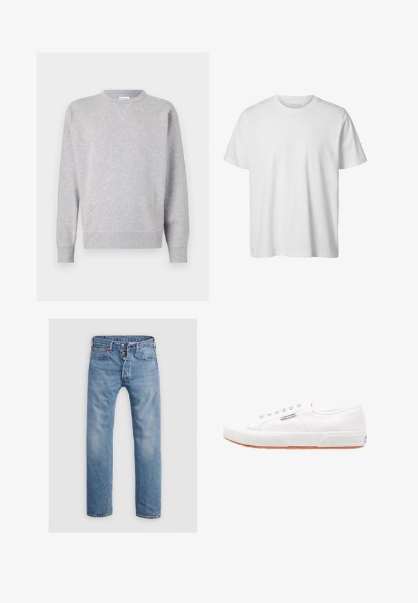 Grå sweatshirt lavet af blødt stof, med rund halsudskæring, lange ærmer, ribbede manchetter og lige kant. Ingen synlige mønstre eller grafik.; Enkelt hvid T-shirt med korte ærmer og rund hals, løs pasform og uden synlige logoer eller designs foran.; Lysblå denim jeans med en lige ben-design, fem lommer og en knaplukning. Har diskrete falmede områder og syninger som accent.; Hvide kanvas sneakers med gummisål, snørebåndsdesign og et lille logo mærke på siden. Tekstureret hvid overdel og brun ydersål.
