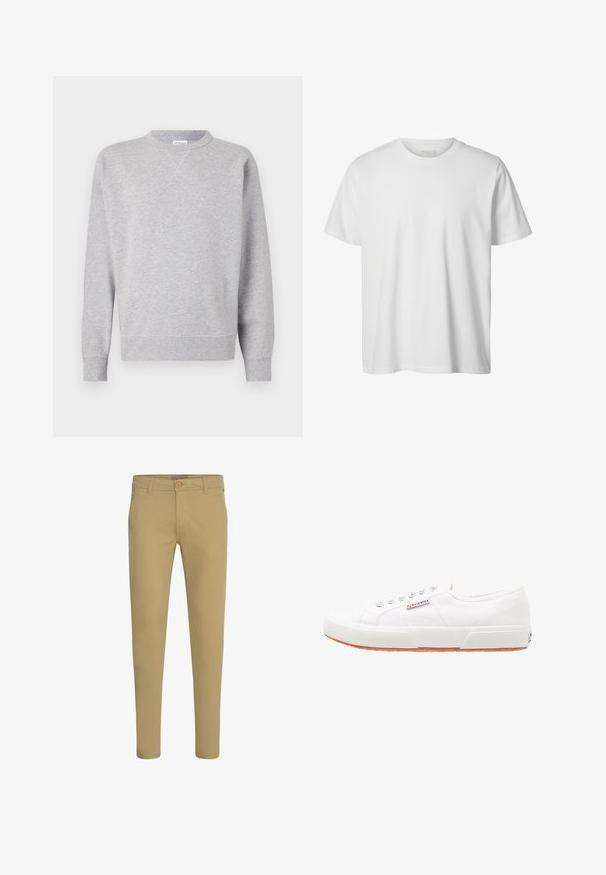 Sudadera gris hecha de tela suave, con cuello redondo, mangas largas, puños acanalados y dobladillo recto. Sin patrones ni gráficos visibles.; Camiseta blanca lisa de manga corta con cuello redondo, corte holgado y sin logos o diseños visibles en el frente.; Pantalones chinos beige de corte ajustado con cierre de botón y cremallera, bolsillos delanteros inclinados y trabillas para cinturón, mostrados sobre fondo blanco.; Zapatillas de lona blancas con suela de goma, diseño de cordones y una pequeña etiqueta con el logo en el lateral. Parte superior texturizada blanca y suela marrón.