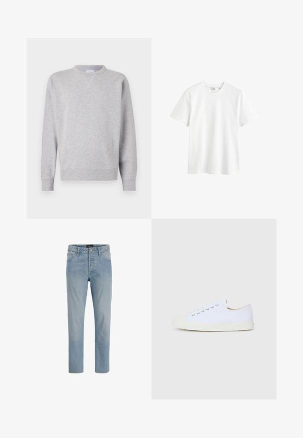 Grå sweatshirt lavet af blødt stof, med rund halsudskæring, lange ærmer, ribbede manchetter og lige kant. Ingen synlige mønstre eller grafik.; Hvid bomulds t-shirt med rund hals, korte ærmer og en afslappet pasform. Glat tekstur uden synlige mønstre eller detaljer.; Lysblå denim jeans med lige snit, fem-lommers design, knaplukning og en let slidt finish.; Hvide lærredssko med rund tå, gummikappe og flad sål. Har metaløjer og et enkelt snørebånddesign.
