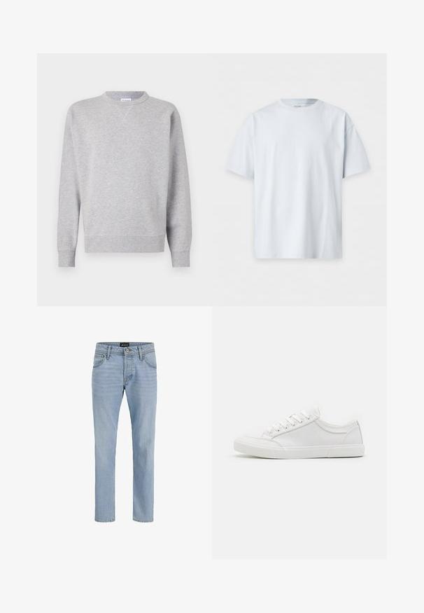 Grau Sweatshirt aus weichem Stoff, mit Rundhalsausschnitt, langen Ärmeln, gerippten Bündchen und geradem Saum. Keine sichtbaren Muster oder Grafiken.; Einfaches weißes T-Shirt mit kurzen Ärmeln und Rundhalsausschnitt, flach auf weißem Hintergrund liegend.; Helle blaue Denim-Jeans mit schlankem Schnitt, Fünf-Taschen-Design, subtiler verblasster Textur und Metallbeschlägen am Reißverschluss und der Knopfleiste.; Weiße Sneakers mit einem Obermaterial aus glattem Leder, runder Zehenpartie, flacher Gummisohle und sechs Ösen für die Schnürsenkel. Subtile Nähdetails, minimalistisches Design.