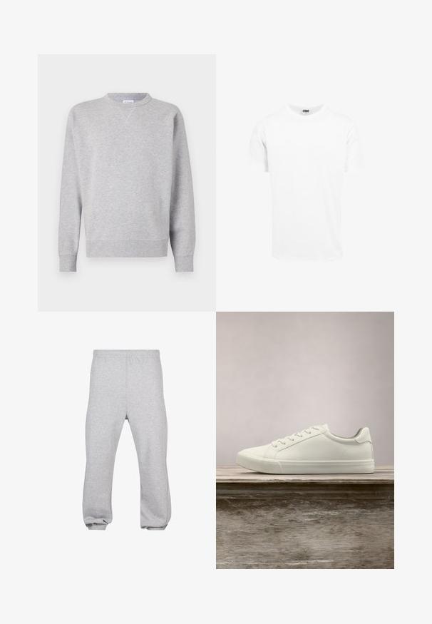 Sweatshirt gris en tissu doux, avec un col rond, des manches longues, des poignets côtelés et un ourlet droit. Aucune motif ni graphique visible.; T-shirt en coton blanc, manches courtes, col rond, coupe droite, texture douce, design simple, sans graphiques ni motifs.; Pantalon de jogging en coton gris clair avec taille élastique et poignets aux chevilles, présenté à plat sur fond blanc.; Sneaker en dentelle blanche flottant au-dessus d'un banc en bois avec un feuillage vert en arrière-plan, mettant en valeur le design et la texture de la chaussure.