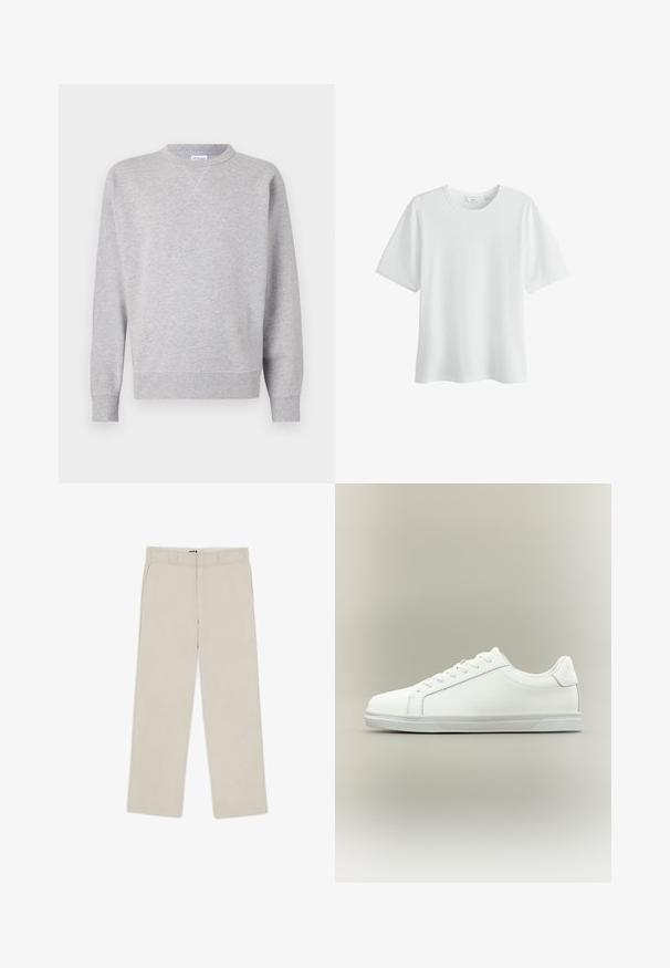 Sudadera gris hecha de tela suave, con cuello redondo, mangas largas, puños acanalados y dobladillo recto. Sin patrones ni gráficos visibles.; Camiseta de algodón blanca lisa de manga corta y cuello redondo, talla mediana, mostrada sobre un fondo blanco.; Pantalones de pierna ancha color beige con una textura suave, que cuentan con pasadores para cinturón, dos bolsillos frontales y cierre con cremallera. Diseño minimalista.; Zapatilla blanca de caña baja con cordones al frente y suela de goma texturizada sobre un fondo neutro y sencillo.