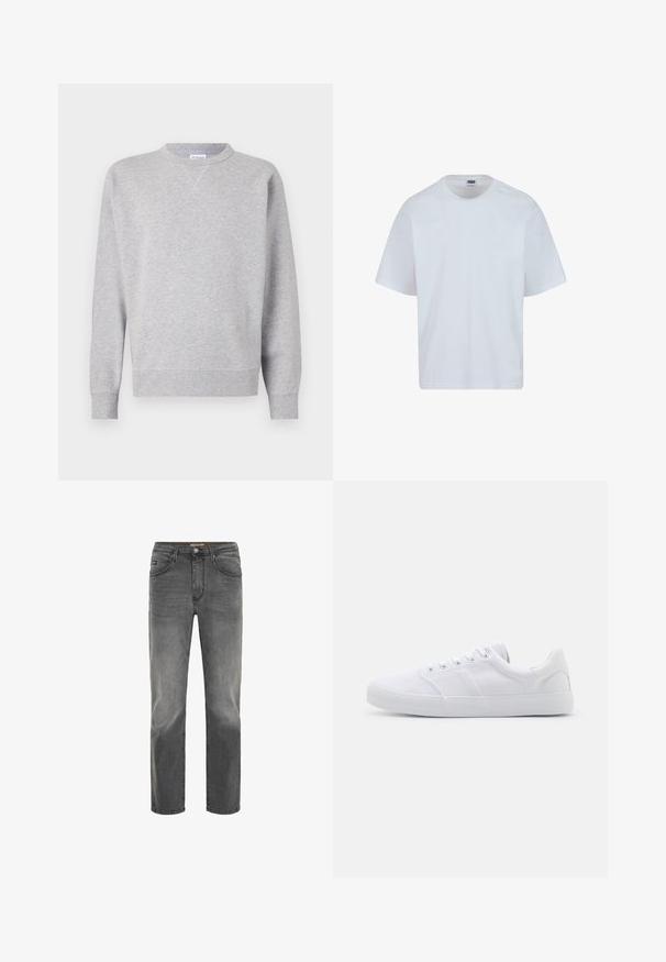 Grau Sweatshirt aus weichem Stoff, mit Rundhalsausschnitt, langen Ärmeln, gerippten Bündchen und geradem Saum. Keine sichtbaren Muster oder Grafiken.; Weißes Baumwoll-T-Shirt mit rundem Halsausschnitt, kurzen Ärmeln und geradem Schnitt. Verfügt über dezente Nähte an den Schultern.; Graue Denim-Jeans mit geradem Schnitt, fünf Taschen-Design und einem dezenten, verblassten Finish. Verfügt über einen Knopf- und Reißverschluss.; Weiße Leinenschuhe mit Gummisohle, ausgestattet mit sechs Ösen, einer strukturierten Zehenkappe und minimalistischer Gestaltung.