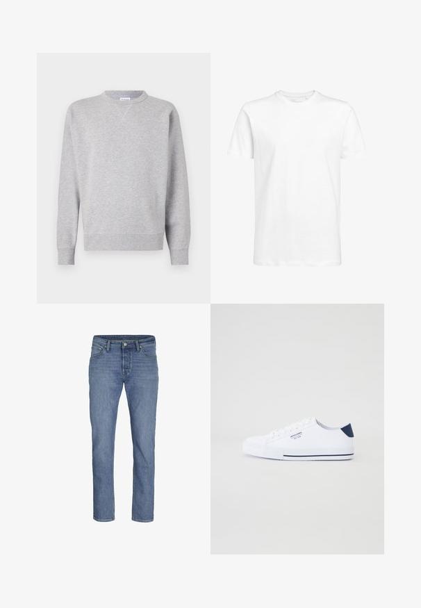 Grau Sweatshirt aus weichem Stoff, mit Rundhalsausschnitt, langen Ärmeln, gerippten Bündchen und geradem Saum. Keine sichtbaren Muster oder Grafiken.; Weißes kurzärmeliges T-Shirt aus Baumwolle mit rundem Ausschnitt und normaler Passform. Schlichtes Design, keine Muster oder sichtbaren Akzente.; Hellblaue Jeans aus Denim mit geradem Bein, fünf Taschen und einem vorderen Knopfverschluss mit kontrastierenden Nähten.; Weiße Canvas-Sneaker mit navyblauem Fersenakzent, flacher Gummisohle, runder Zehenpartie und weißen Schnürsenkeln. Mit Logo an der Seite.
