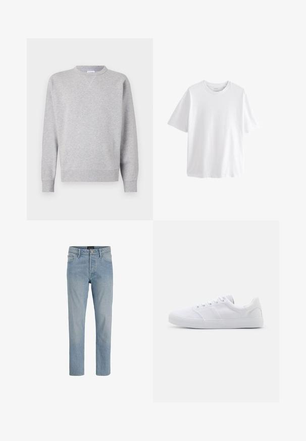 Grå sweatshirt lavet af blødt stof, med rund halsudskæring, lange ærmer, ribbede manchetter og lige kant. Ingen synlige mønstre eller grafik.; Simpel hvid T-shirt med korte ærmer og rund hals med en afslappet pasform på hvid baggrund.; Lysblå denim jeans med lige snit, fem-lommers design, knaplukning og en let slidt finish.; Hvide lærreds sneakers med gummisål, der har seks snørehuller, en struktureret tåkap og et minimalistisk design.