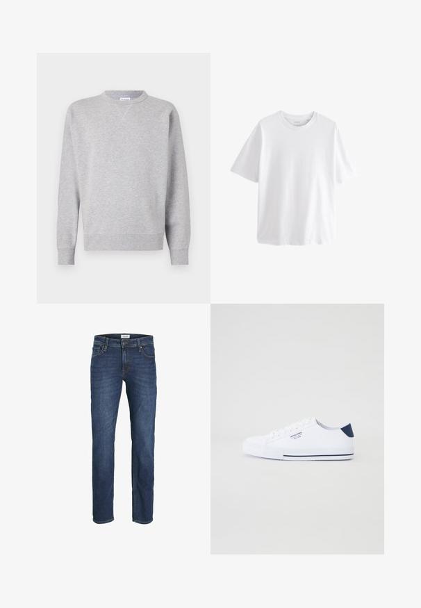 Grå sweatshirt lavet af blødt stof, med rund halsudskæring, lange ærmer, ribbede manchetter og lige kant. Ingen synlige mønstre eller grafik.; Simpel hvid T-shirt med korte ærmer og rund hals med en afslappet pasform på hvid baggrund.; Mørkeblå denim jeans med lige ben pasform, fem-lomme design og synlige syninger detaljer. Klassisk knap- og lynlås-lukning.; Hvide kanvas sneakers med en marineblå hælaccents, flad gummisål, rund tå og hvide snørebånd. Har logo på siden.