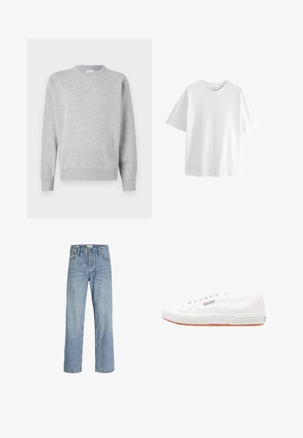 Grå sweatshirt lavet af blødt stof, med rund halsudskæring, lange ærmer, ribbede manchetter og lige kant. Ingen synlige mønstre eller grafik.; Simpel hvid T-shirt med korte ærmer og rund hals med en afslappet pasform på hvid baggrund.; Lyseblå denimjeans med lige ben, høj talje, fem-lommers design og subtilt slid, med metalknaplukning.; Hvide kanvas sneakers med gummisål, snørebåndsdesign og et lille logo mærke på siden. Tekstureret hvid overdel og brun ydersål.