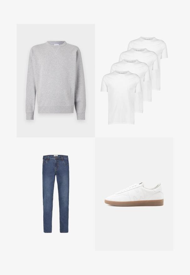 Grau Sweatshirt aus weichem Stoff, mit Rundhalsausschnitt, langen Ärmeln, gerippten Bündchen und geradem Saum. Keine sichtbaren Muster oder Grafiken.; Weiße Baumwoll-T-Shirts, kurze Ärmel, runder Ausschnitt, glatte Textur, vier Stück gestapelt mit einheitlichem Design und ohne Muster oder Akzente.; Jeans aus Denim in dunklem Blauton mit geradem Bein, Fünf-Taschen-Design und Kontrastnähten. Verschlossen mit Knopf und Reißverschluss.; Weißer Sneaker in niedriger Ausführung mit Gummisohle, gesteppten Overlays und Schnürverschluss auf neutralem Hintergrund.