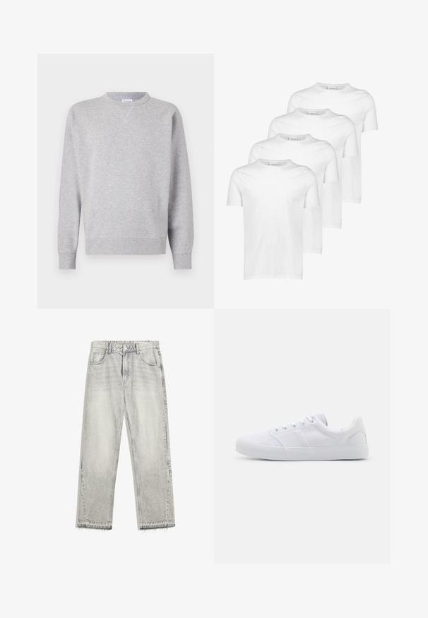 Grau Sweatshirt aus weichem Stoff, mit Rundhalsausschnitt, langen Ärmeln, gerippten Bündchen und geradem Saum. Keine sichtbaren Muster oder Grafiken.; Weiße Baumwoll-T-Shirts, kurze Ärmel, runder Ausschnitt, glatte Textur, vier Stück gestapelt mit einheitlichem Design und ohne Muster oder Akzente.; Hellgraue Jeans aus Denim mit leicht gefärbtem Finish, geradem Schnitt, fünf Taschen-Design und ausgefranstem Saum. Flacher Bund mit Gürtelschlaufen.; Weiße Leinenschuhe mit Gummisohle, ausgestattet mit sechs Ösen, einer strukturierten Zehenkappe und minimalistischer Gestaltung.
