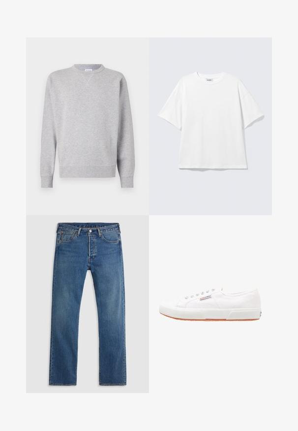 Grijze sweatshirt van zacht materiaal, met een ronde hals, lange mouwen, geribbelde manchetten en een rechte zoom. Geen zichtbare patronen of grafische elementen.; Witte oversized T-shirt met korte mouwen, ronde hals en verlaagde schouders, plat op een lichtgrijze achtergrond.; Blauwe rechte denim jeans met vijf zakken, riemlussen en een sluiting met een knoop en ritssluiting aan de voorkant, op een effen achtergrond.; Witte canvas sneakers met een rubberen zool, vetersluiting en een klein logolabel aan de zijkant. Gewreven wit bovenwerk en een bruine zool.