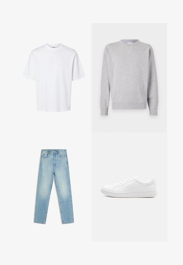 Grå sweatshirt lavet af blødt stof, med rund halsudskæring, lange ærmer, ribbede manchetter og lige kant. Ingen synlige mønstre eller grafik.; Enkelt hvid t-shirt med korte ærmer og rund hals med afslappet pasform, vist på en ensfarvet baggrund.; Lyseblå jeans med høj talje, lige ben, for- og baglommer og knaplukning på hvid baggrund.; Hvid lavtop-sneaker med snørelukning, glat læderoverdel og tyk gummisål vist i sideprofil mod en ensfarvet baggrund.