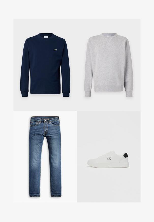 Grijze sweatshirt van zacht materiaal, met een ronde hals, lange mouwen, geribbelde manchetten en een rechte zoom. Geen zichtbare patronen of grafische elementen.; Marineblauw langemouwen t-shirt van katoen, met een ronde hals en een klein groen krokodil logo op de linkerborst.; Blauwe denim jeans met een recht model, klassieke vijf-pocket stijl, subtiele vervaging en stiksels langs de naden.; Witte sneaker met een glad leren bovenwerk, ronde neus, zwart hielaccent en 'CK' logo aan de zijkant. Voorzien van een vetersluiting en platte zool.