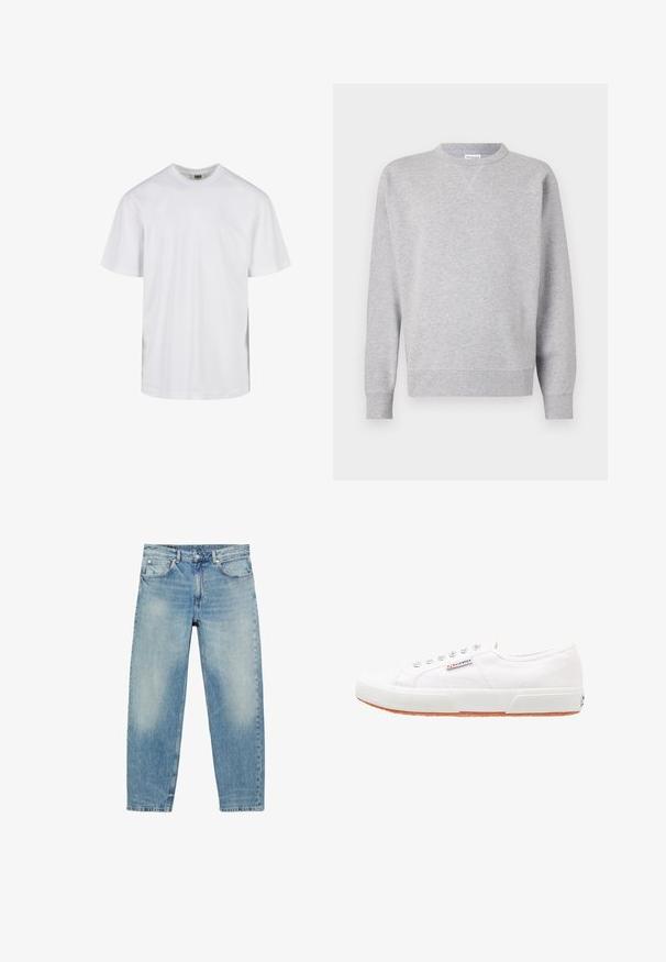 Sweatshirt gris en tissu doux, avec un col rond, des manches longues, des poignets côtelés et un ourlet droit. Aucune motif ni graphique visible.; T-shirt blanc uni à manches courtes avec col rond et coupe décontractée, présenté sur fond blanc.; Jean droit en denim bleu avec poches avant et passants de ceinture, présentant des détails légèrement décolorés sur les cuisses et les genoux.; Baskets en toile blanches avec une semelle en caoutchouc, design à lacets et une petite étiquette logo sur le côté. Tige blanche texturée et semelle extérieure marron.