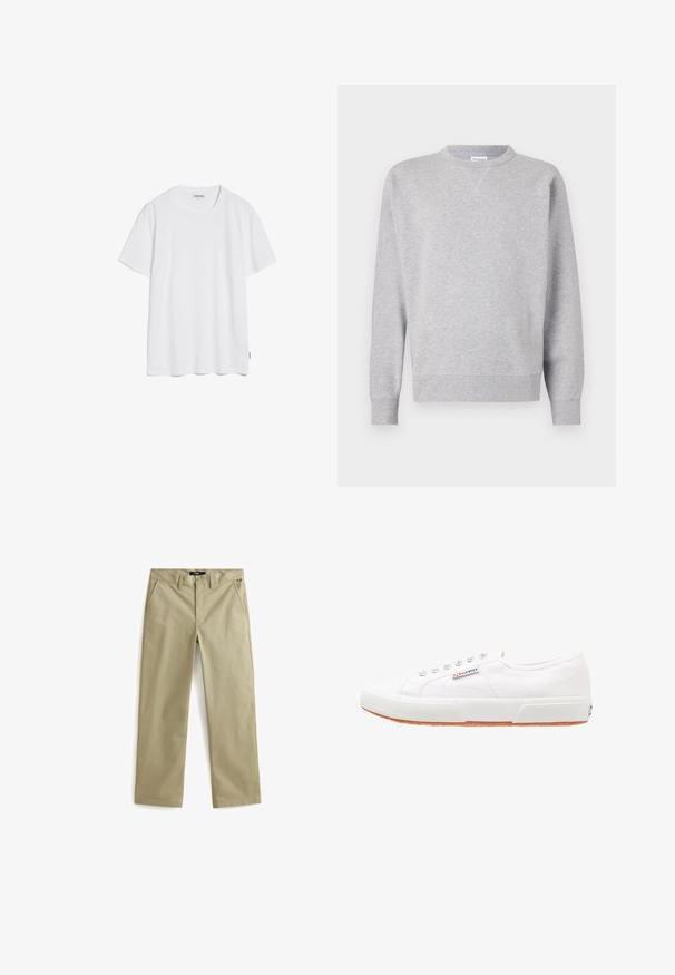 Grijze sweatshirt van zacht materiaal, met een ronde hals, lange mouwen, geribbelde manchetten en een rechte zoom. Geen zichtbare patronen of grafische elementen.; Witte katoenen T-shirt met korte mouwen, een ronde halslijn en een rechte zoom. Geen zichtbare patronen of logo's. Zachte textuur.; Beige katoenen chinos met een rechte pijp, voorzien van twee voorzakken en een klassieke knoopsluiting. Soepele textuur, minimale accenten.; Witte canvas sneakers met een rubberen zool, vetersluiting en een klein logolabel aan de zijkant. Gewreven wit bovenwerk en een bruine zool.