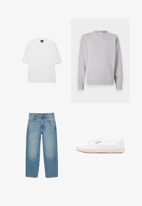 Sweatshirt gris en tissu doux, avec un col rond, des manches longues, des poignets côtelés et un ourlet droit. Aucune motif ni graphique visible.; T-shirt ample blanc uni à manches courtes avec col rond et étiquette de marque noire à l'intérieur du col.; Jean en denim bleu coupe droite avec poches avant, passants pour ceinture, fermeture par bouton et détails subtils délavés sur les cuisses et les genoux.; Baskets en toile blanches avec une semelle en caoutchouc, design à lacets et une petite étiquette logo sur le côté. Tige blanche texturée et semelle extérieure marron.