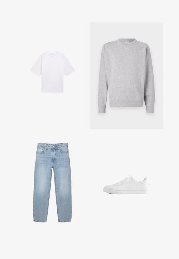Sweatshirt gris en tissu doux, avec un col rond, des manches longues, des poignets côtelés et un ourlet droit. Aucune motif ni graphique visible.; T-shirt blanc à manches courtes en coton. Coupe décontractée avec un col rond. Texture lisse sans motifs ni accents visibles.; Jean en denim bleu clair, coupe ample, taille haute, design à cinq poches, braguette à boutons et zip, jambes droites avec un ourlet légèrement effiloché.; Baskets basses blanches avec lacets, dessus en cuir lisse et semelle extérieure en caoutchouc plate, vues de côté sur fond blanc.