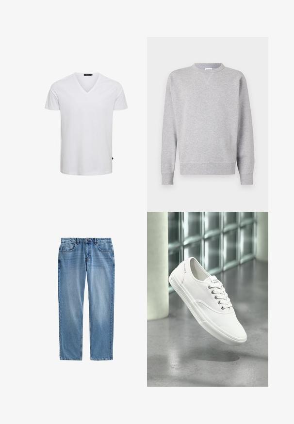 Grijze sweatshirt van zacht materiaal, met een ronde hals, lange mouwen, geribbelde manchetten en een rechte zoom. Geen zichtbare patronen of grafische elementen.; Witte korte mouwen V-hals T-shirt van katoen, met een regular fit en een klein logo label aan de onderkant links.; Lichtblauwe denim jeans met een rechte pasvorm, vijf zakken, zichtbare naden en een ritsluiting. Geen slijtage of patronen aanwezig.; Witte lage canvas sneaker met veters, met label Tommy Hilfiger, getoond zwevend boven een gladde grijze vloer nabij een muur van glasblokken.