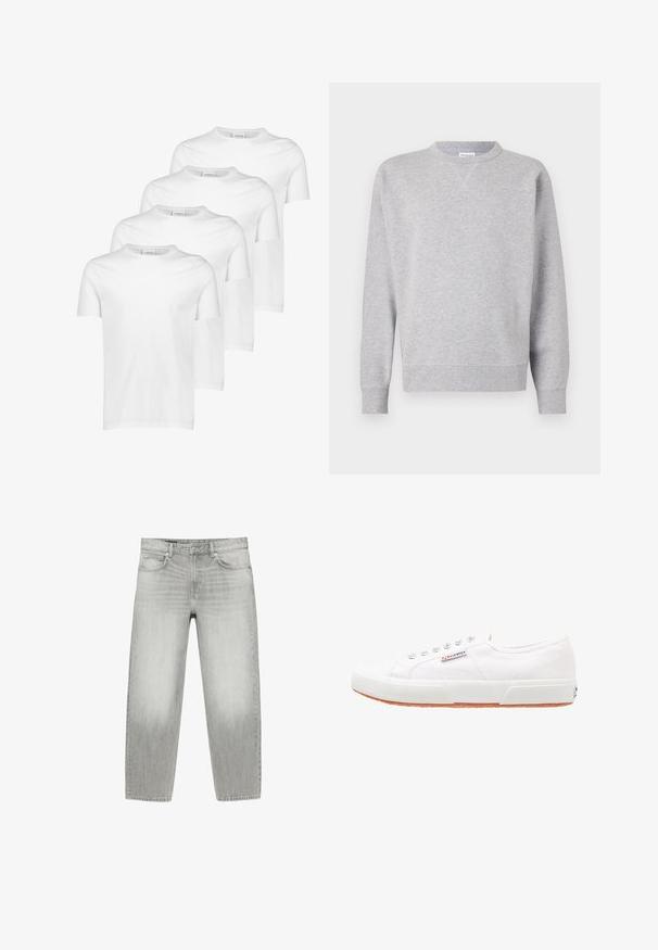 Grijze sweatshirt van zacht materiaal, met een ronde hals, lange mouwen, geribbelde manchetten en een rechte zoom. Geen zichtbare patronen of grafische elementen.; Witte katoenen T-shirts, korte mouwen, ronde halslijn, gladde textuur, vier stuks gestapeld met een consistent ontwerp en zonder patronen of accenten.; Lichtgrijze rechte spijkerbroek met voorzakken, riemlussen, knoop- en ritssluiting op een witte achtergrond.; Witte canvas sneakers met een rubberen zool, vetersluiting en een klein logolabel aan de zijkant. Gewreven wit bovenwerk en een bruine zool.