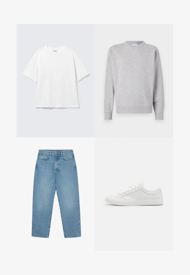 Sweatshirt gris en tissu doux, avec un col rond, des manches longues, des poignets côtelés et un ourlet droit. Aucune motif ni graphique visible.; T-shirt blanc oversize à manches courtes, col rond, épaules tombantes, posé à plat sur fond gris clair.; Jean en denim bleu clair avec une coupe droite, design cinq poches et une texture légèrement délavée. Dispose d'une fermeture à bouton et à glissière.; Baskets blanches avec une tige en cuir lisse, bout rond, semelle plate en caoutchouc et six œillets pour les lacets. Détails de couture subtils, design minimaliste.