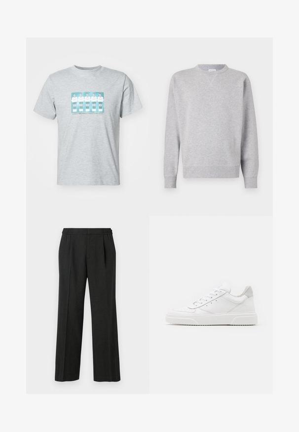 Sweatshirt gris en tissu doux, avec un col rond, des manches longues, des poignets côtelés et un ourlet droit. Aucune motif ni graphique visible.; T-shirt en coton gris avec un imprimé central représentant cinq footballeurs en maillots blancs avec des accents teal, col rond et manches courtes.; Pantalons larges noirs avec une taille élastique, un devant plissé et une texture lisse. Pas de motifs visibles ni de détails en quincaillerie.; Des baskets en cuir blanc avec une finition lisse, un bout rond, des lacets plats et une semelle texturée. Accents en daim gris au niveau du talon.