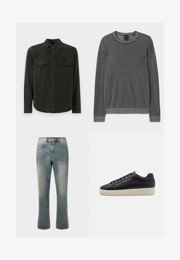 Grå strikket sweater med et tekstureret mønster, rund halsudskæring og ribbede manchetter. Lavet af et blødt, let materiale.; Mørkegrøn skjorte med knapper lavet af blødt stof, med krave, to brystlommer, lange ærmer og lige kant.; Lys blå denim jeans med lige ben, mellemhøj talje og subtilt slid. Har klassisk lomme-design og kontrasterende stikninger.; Sorte lædersneakers med en glat finish, kontrasterende cremefarvet sål, rund tå, guld logo på siden og seks huller til snørebånd.