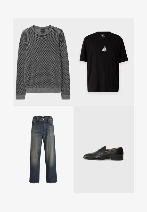 Grijze gebreide trui met een gestructureerd patroon, ronde halslijn en geribbelde manchetten. Gemaakt van een zachte, lichtgewicht stof.; Zwarte katoenen t-shirt met korte mouwen, ronde halslijn en een klein wit logo "A|X" gecentreerd op de borst.; Wijde jeans in donkerblauwe denim met een gradientafwerking, voorzien van een knoopsluiting, vijf zakken en gestructureerde stikdetails.; Zwarte leren instapper met een ronde neus, subtiele stikdetails en een lage hak, met een gladde textuur en een minimalistisch ontwerp.