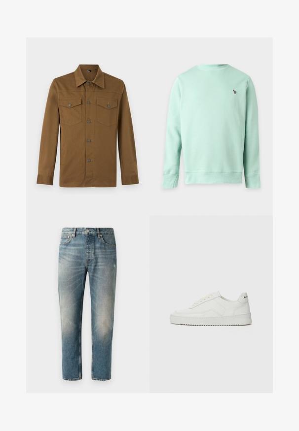 Sweat-shirt vert clair à manches longues avec encolure ronde et petit logo zèbre brodé sur la poitrine gauche.; Chemise marron à manches longues avec col pointu et deux poches poitrine boutonnées, présentée sur fond clair uni.; Jean en denim bleu clair avec une coupe droite. Comprend une fermeture à bouton, cinq poches, et des zones légèrement décolorées ainsi que des marques d'usure au niveau des cuisses.; Baskets en cuir blanc avec une finition lisse, bout arrondi, lacets plats et semelle texturée. Présente un logo discret sur le talon.