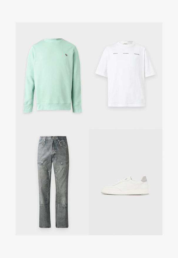 Sweat-shirt vert clair à manches longues avec encolure ronde et petit logo zèbre brodé sur la poitrine gauche.; T-shirt blanc à manches courtes avec un petit texte noir "HZW (26-27)", "Holzweiler" et "'TABLESCAPES" sur la poitrine, présenté sur un fond uni.; Jean en denim gris à coupe droite, avec poches avant, coutures visibles et finition décolorée. Le matériau a une texture lisse.; Baskets basses blanches avec un onglet de talon gris, des lacets blancs et une semelle texturée, présentées sur un fond uni clair.