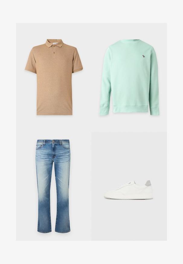 Sweat-shirt vert clair à manches longues avec encolure ronde et petit logo zèbre brodé sur la poitrine gauche.; Polo beige à manches courtes avec deux boutons et un logo brodé discret sur la poitrine gauche, présenté sur un fond uni.; Jean droit délavé bleu pour hommes avec fermeture à bouton et design à cinq poches sur fond blanc.; Baskets basses blanches avec un onglet de talon gris, des lacets blancs et une semelle texturée, présentées sur un fond uni clair.