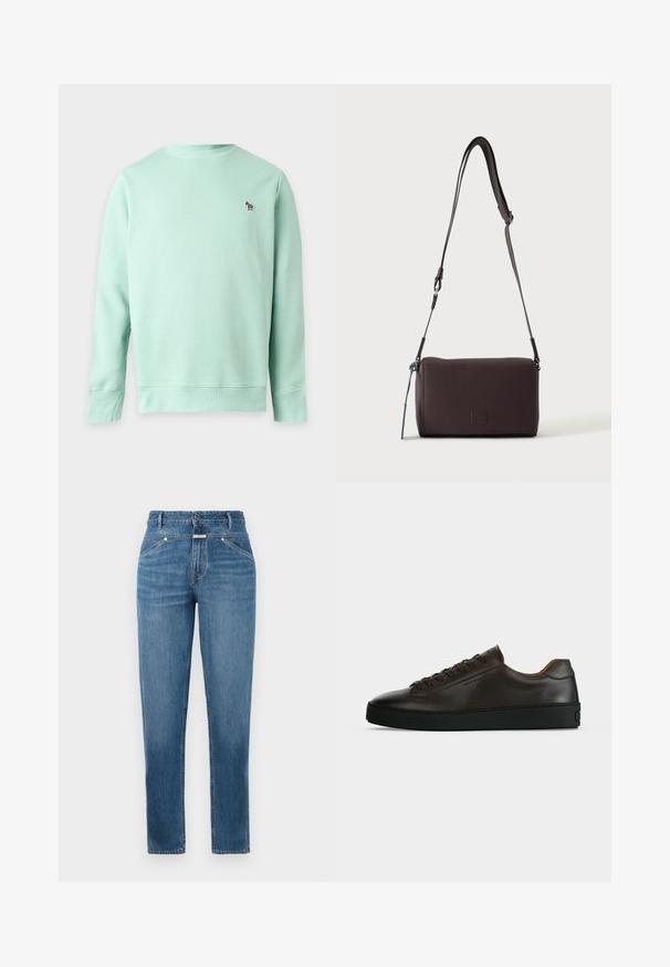 Lichtgroene longsleeve sweater met ronde hals en klein geborduurd zebra-logo op de linkerborst.; Blauwe high-waisted rechtlopende jeans met voorkruiszakken, riemlussen, knoopsluiting en subtiele vervagingsdetails.; Low-profile donkerbruine leren sneaker met zwarte rubberen zool, veters aan de voorkant en een strak minimalistisch design op een lichte achtergrond.; Donkerbruine gestructureerde leren crossbodytas met verstelbare riem en klein decoratief blauw accent aan de zijkant.