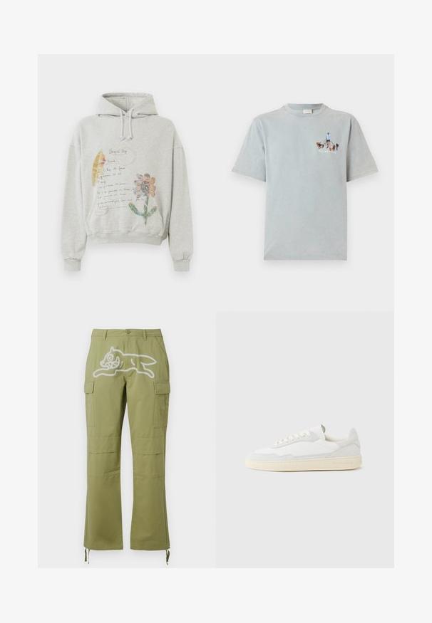 Sudadera gris con una capucha espaciosa y cordones. Presenta gráficos florales y manuscritos en colores como rosa y amarillo en la parte delantera.; Camiseta de algodón de color azul claro con manga corta y cuello redondo, que presenta un diseño gráfico de una persona paseando perros en la parte frontal.; Icecream RUNNING DOG PANTS - Pantalones cargo - green; Zapatilla blanca con parte superior texturizada de ante y cuero. Presenta una puntera redondeada, cierre con cordones y suela de goma beige contrastante.