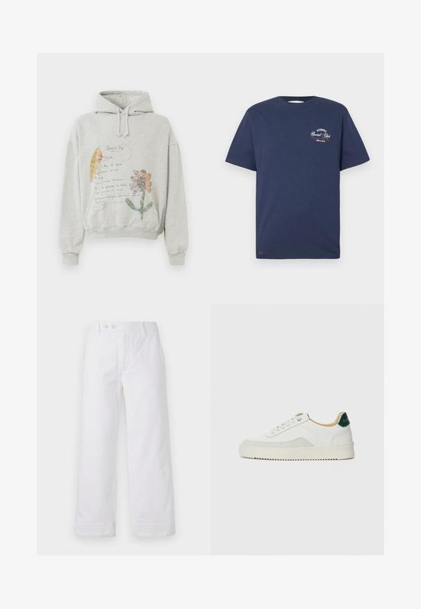 Grauer Kapuzenpullover mit einer geräumigen Kapuze und Kordeln. Vorn sind florale und handgeschriebene Drucke in Farben wie Rosa und Gelb abgebildet.; Marineblaues Baumwoll-T-Shirt mit kurzen Ärmeln. Auf der Brust ist „Iceberg Social Club“ in Weiß und Rot eingestickt. Rundhalsausschnitt, legerer Schnitt.; Weiße Baumwoll-Hosen mit weitem Bein und hohem Bund, mit einem Knopfverschluss und umgeschlagenen Säumen. Glatte Textur und klassisches Design.; Weiße Sneaker mit Wildlederelementen, runder Zehenpartie, flachen Schnürsenkeln und einer cremefarbenen Gummisohle. Mit grünen Markenlogo am Fersenbereich.