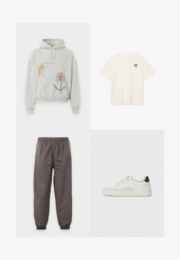 Sweatshirt gris avec une capuche spacieuse et des cordons. Présente des graphiques floraux et manuscrits dans des couleurs comme le rose et le jaune sur le devant.; T-shirt à col rond à manches courtes de couleur blanc cassé avec un petit logo "W" rouge sur la poitrine gauche.; Pantalons gris foncé à taille élastique avec une coupe décontractée. Présentent des poignets froncés et une broderie subtile sur les côtés. Tissu léger.; Baskets blanches avec des accents en daim, bout arrondi, lacets plats et semelle en caoutchouc crème. Présente une marque verte sur le talon.