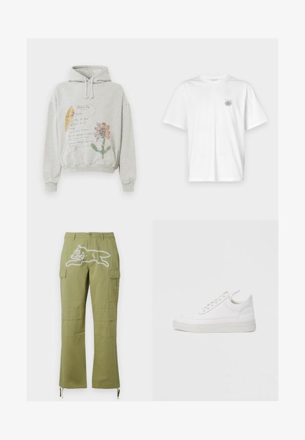 Sudadera gris con una capucha espaciosa y cordones. Presenta gráficos florales y manuscritos en colores como rosa y amarillo en la parte delantera.; Camiseta blanca de algodón con mangas cortas, cuello redondo y un pequeño logo gris en el lado izquierdo del pecho. Textura suave.; Icecream RUNNING DOG PANTS - Pantalones cargo - green; Zapatilla blanca de cuero con punta redondeada, suela plana y cierre de cordones. Presenta detalles de costuras y un cuello acolchado para mayor comodidad.