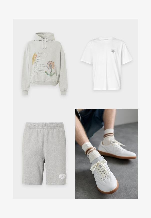 Sudadera gris con una capucha espaciosa y cordones. Presenta gráficos florales y manuscritos en colores como rosa y amarillo en la parte delantera.; Camiseta blanca de algodón con mangas cortas, cuello redondo y un pequeño logo gris en el lado izquierdo del pecho. Textura suave.; Pantalones cortos de algodón grises con una cinturilla elástica y un logo blanco en la parte inferior derecha. Textura suave, diseño a la altura de la rodilla.; Zapatillas de cuero blanco con una textura suave, detalles en gamuza gris, suelas de goma beige y cordones planos. Combinadas con calcetines a rayas en tonos crema y marrón.