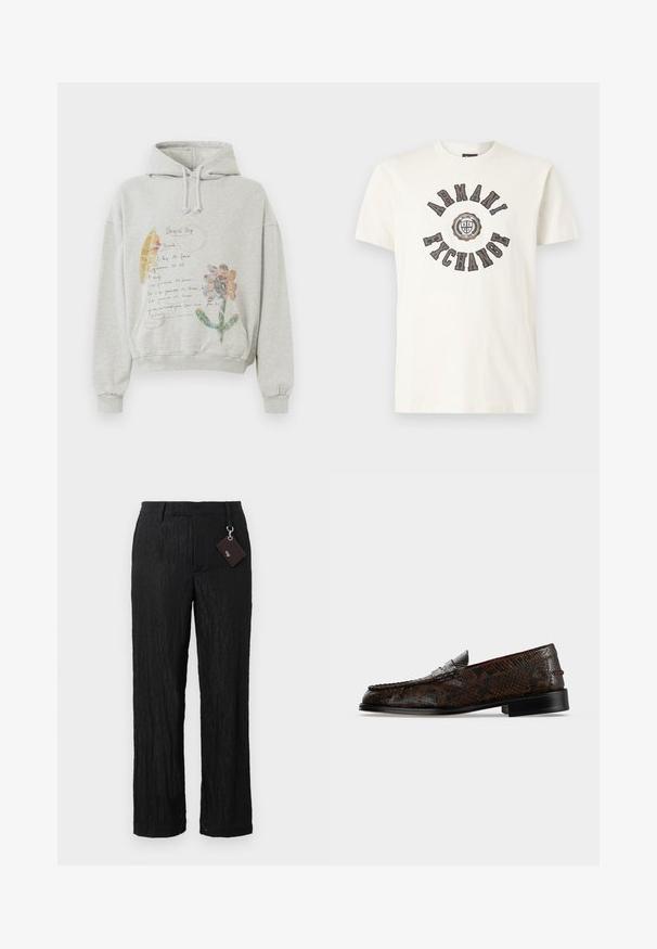 Grauer Kapuzenpullover mit einer geräumigen Kapuze und Kordeln. Vorn sind florale und handgeschriebene Drucke in Farben wie Rosa und Gelb abgebildet.; Weißes T-Shirt mit kurzen Ärmeln und dem Schriftzug „Armani Exchange“, der um ein rundes Logo mit „AX 91 Milano“ in der Mitte gebogen ist.; Schwarze, strukturierte, weit geschnittene Hose mit glatter Oberfläche und sichtbaren Nähten; inklusive eines Schildes, das mit einem silbernen Hardware-Loop befestigt ist.; Dunkelbrauner Slipper aus Schlangenleder mit niedrigem Absatz und Mokassin-ähnlicher Naht, seitlich auf weißem Hintergrund gezeigt.