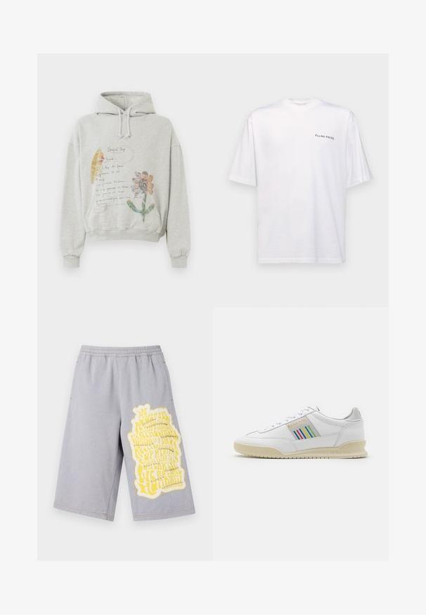 Grå hættetrøje med en rummelig hætte og snoretræk. Har blomster- og håndskrevne grafikker i farver som pink og gul på forsiden.; Hvid kortærmet t-shirt i bomuld med v-hals, med et sort "FILLING PIECES" logo trykt på venstre side.; Grå bomuldsshorts med elastisk talje, udstyret med et stort gult grafisk tryk og slidte kanter på venstre ben.; Hvide lædersneakers med en cremefarvet sål, multicolor stribede detaljer på siden og "PS Paul Smith" branding i guld.