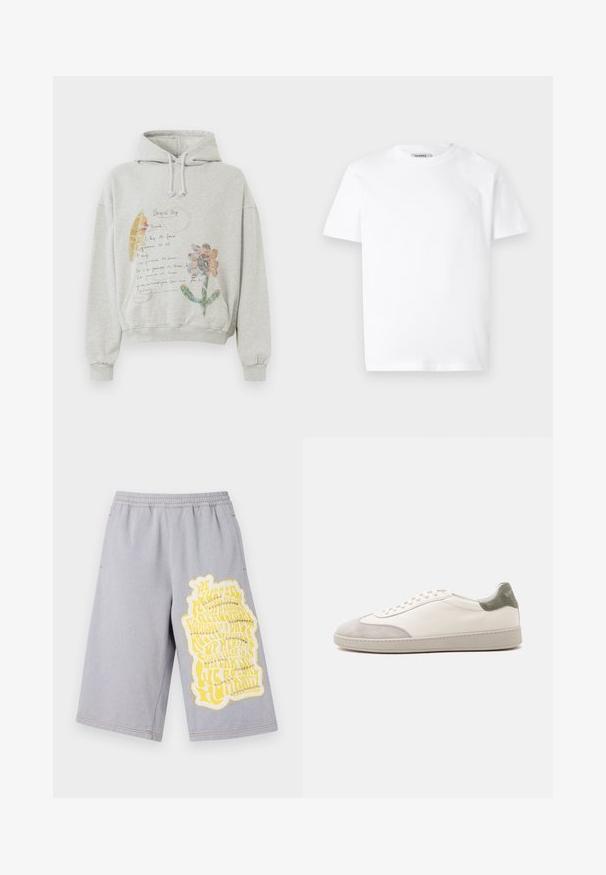 Grijze hoodie met een ruime capuchon en koordjes. Heeft florale en handgeschreven graphics in kleuren zoals roze en geel aan de voorkant.; Witte katoenen t-shirt met een ronde hals en korte mouwen. Bevat een klein, reliëf logo op de linker borst. Soepele textuur.; Grijze katoenen shorts met een elastische tailleband, voorzien van een grote gele grafische print en versleten randen aan het linkerbeen.; Witte lage sneaker met lichtgrijze suède accenten op de neus en hiel, witte veters en een platte beige zool, gezien vanaf de buitenkant.