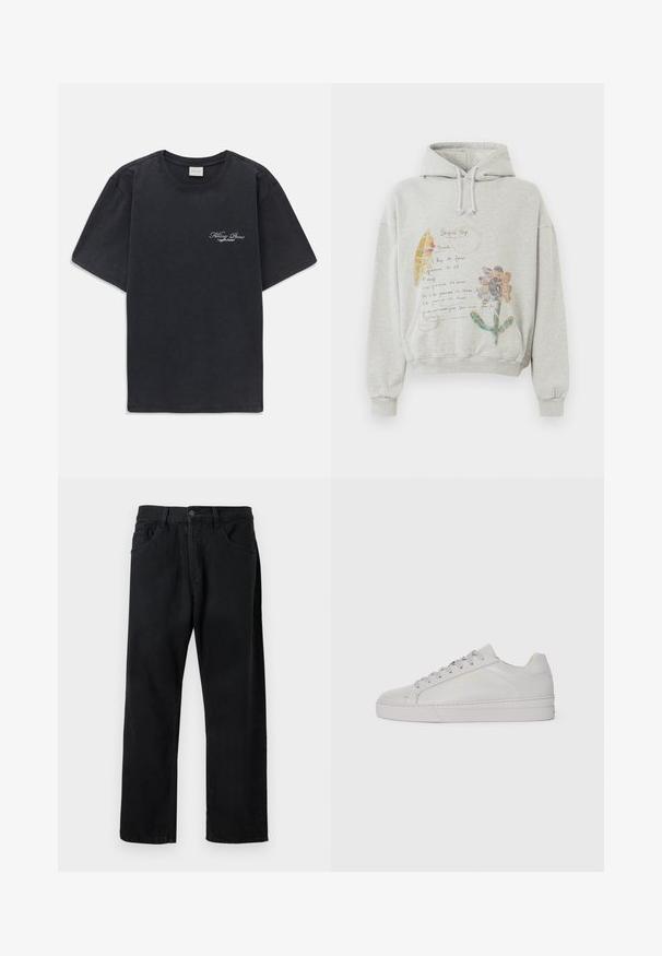 Grijze hoodie met een ruime capuchon en koordjes. Heeft florale en handgeschreven graphics in kleuren zoals roze en geel aan de voorkant.; Zwarte korte mouwen crew neck t-shirt met klein wit "Filling Pieces" tekstlogo op de linkerborst.; Zwarte jeans van denim, met een klassieke vijf-pocketontwerp, rechte pijpen en een knoopsluiting. Gladde textuur, geen zichtbare patronen.; Lichtgrijze leren sneaker met een gladde textuur, ronde neus, platte rubberen zool en ton-sur-ton veters. Bevat minimale branding in goud.