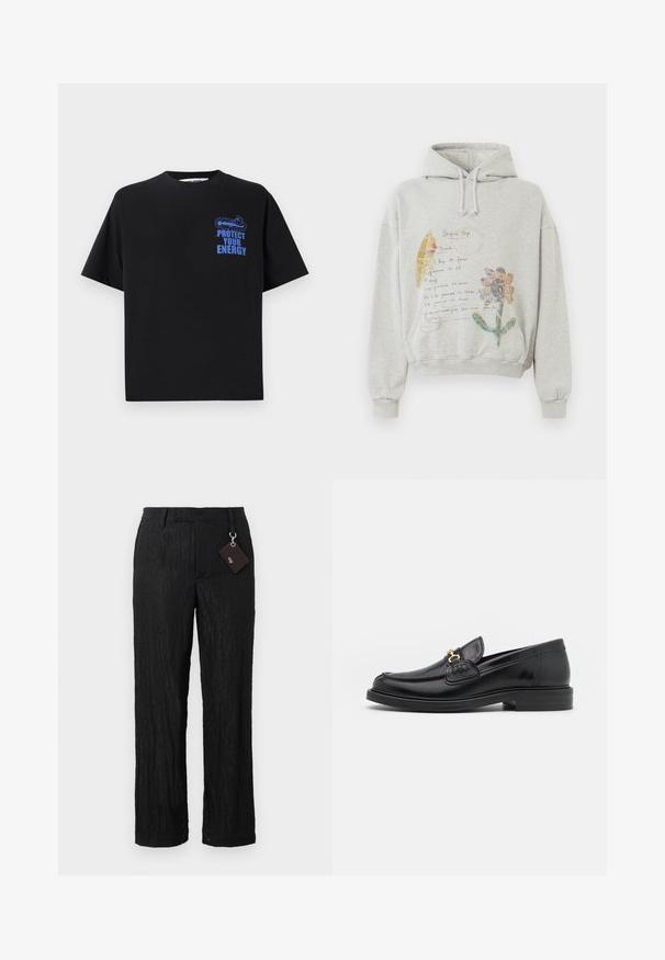 Grå hættetrøje med en rummelig hætte og snoretræk. Har blomster- og håndskrevne grafikker i farver som pink og gul på forsiden.; Sort bomulds t-shirt med korte ærmer, der har blå tekst "BESKYT DIN ENERGI" og et grafisk design på den øverste venstre side.; Sorte, teksturerede bukser med vide ben, glat overflade og synlige sømme; inkluderer et mærke fastgjort med en sølvhardware løkke.; Sorte læder loafers med en rund tå, der har guld hardware accent og syningsdetaljer, placeret på en lav, tekstureret gummisål.