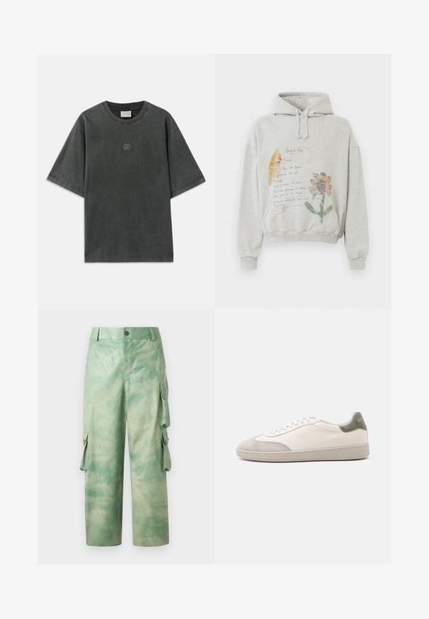 Grå hættetrøje med en rummelig hætte og snoretræk. Har blomster- og håndskrevne grafikker i farver som pink og gul på forsiden.; Mørkegrå oversized T-shirt med korte ærmer, rund halsudskæring og lille broderet knudedesign centreret på brystet.; Les Benjamins VINTAGE PANT - Skindbukser - army green; Hvid lav sneaker med lysegrå ruskind på tå og hæl, hvide snørebånd og en flad beige sål, vist fra ydersiden.