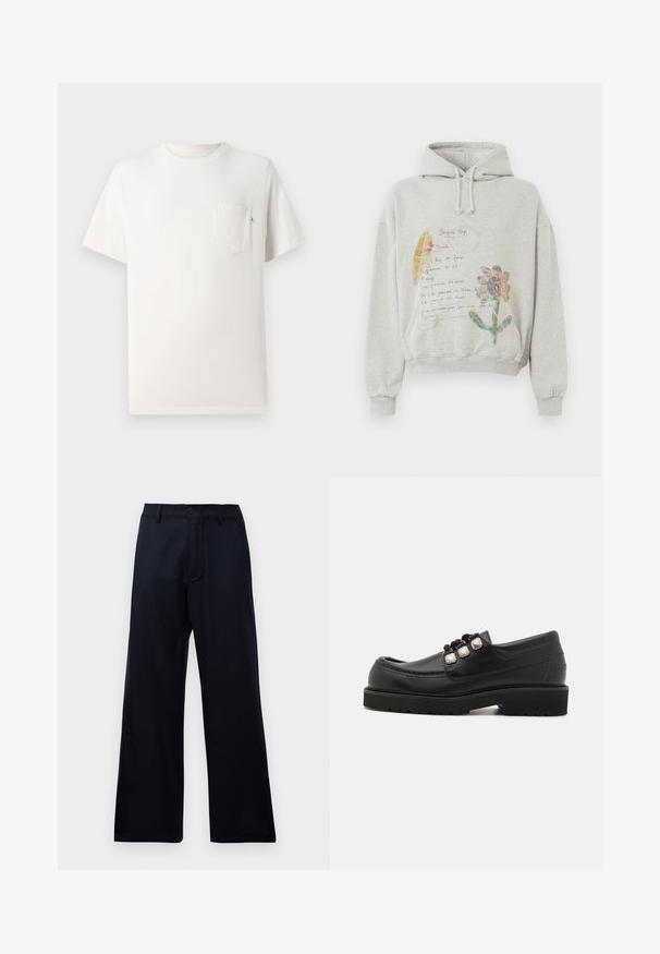Grå hættetrøje med en rummelig hætte og snoretræk. Har blomster- og håndskrevne grafikker i farver som pink og gul på forsiden.; Hvid bomulds t-shirt med korte ærmer, rund hals og brystlomme. Glat tekstur og minimalistisk design. Ingen synlige mønstre eller accenter.; Sorte højtaljede viddebukser med bæltestropper, knap fortil og lynlås lukning på en ensfarvet hvid baggrund.; Sorte læder loafers med rund tå, der har tre metalliske detaljer og en tekstureret sål for godt greb. Glat overdel og syet detalje.