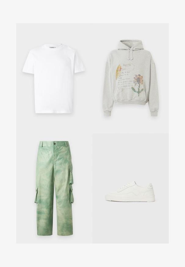 Sweatshirt gris avec une capuche spacieuse et des cordons. Présente des graphiques floraux et manuscrits dans des couleurs comme le rose et le jaune sur le devant.; T-shirt en coton blanc avec un col rond et des manches courtes. Présente un petit logo en relief sur la poitrine gauche. Texture lisse.; Les Benjamins VINTAGE PANT - Pantalon en cuir - army green; Baskets basses en cuir blanc avec fermeture à lacets, languette de talon texturée et semelle en caoutchouc blanc légèrement rainurée sur un fond clair uni.