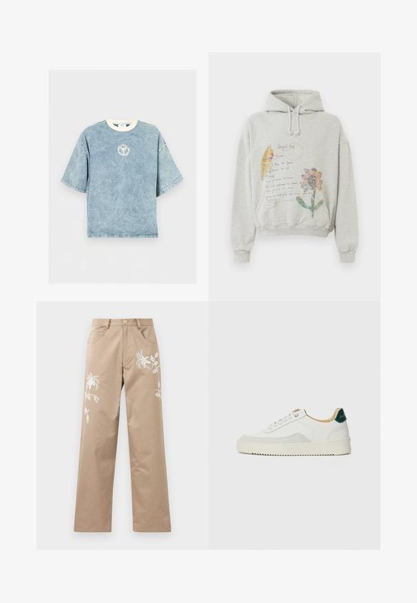 Sweatshirt gris avec une capuche spacieuse et des cordons. Présente des graphiques floraux et manuscrits dans des couleurs comme le rose et le jaune sur le devant.; T-shirt oversize bleu délavé à manches courtes avec une encolure ronde blanche et un petit logo circulaire délavé sur la poitrine.; Pantalon en coton beige à coupe droite, orné d'une broderie florale blanche sur le devant et muni de poches standards.; Baskets blanches avec des accents en daim, bout arrondi, lacets plats et semelle en caoutchouc crème. Présente une marque verte sur le talon.