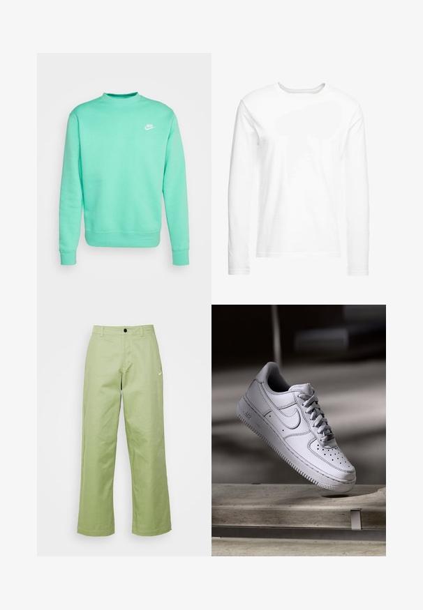 Sweatshirt verde menta com decote redondo, mangas longas e punhos em ribana. Apresenta um pequeno logo branco da Nike no lado esquerdo do peito.; T-shirt de mangas longas, branca, feita de algodão suave. Gola redonda com bainhas cortadas a direito e sem padrões ou gráficos visíveis.; Calças largas verde-claro feitas de um tecido suave com fecho de botão, apresentando um pequeno logótipo da Nike na frente.; Sapatilha Nike Air Force 1 em pele branca com biqueira perfurada, atacadores planos e sola de borracha texturada com a marca "AIR" na lateral.