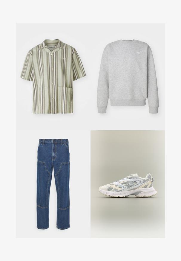 Sweat-shirt gris à col rond en matériau polaire, avec des poignets et un ourlet côtelés, et un petit logo blanc sur la poitrine.; Chemise à manches courtes à boutons de couleur vert clair avec des rayures verticales vert foncé et blanches. Elle dispose de deux poches avant et d'un col à revers.; Jean en denim bleu avec une coupe droite, poches avant à patch et coutures contrastées. Le tissu a une texture et une finition classiques.; Chaussure de sport blanche avec des panneaux en mesh gris, des superpositions texturées, un col rembourré et une semelle en caoutchouc dotée de petites pointes de traction.
