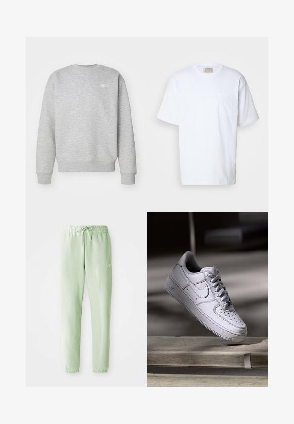 Sudadera gris de cuello redondo hecha de material de felpa, con puños y dobladillo acanalados, y un pequeño logotipo blanco en el pecho.; Camiseta blanca de manga corta hecha de algodón. Incluye un bolsillo en el pecho y un sutil detalle de costura en el bolsillo. Cuello redondo.; Pantalones de chándal verde claro, hechos de algodón suave, con cintura elástica y cordón, piernas ajustadas y puños gather.; Zapatilla Nike Air Force 1 de cuero blanco que presenta una puntera perforada, cordones planos y una suela de goma texturizada con la marca "AIR" en el lateral.