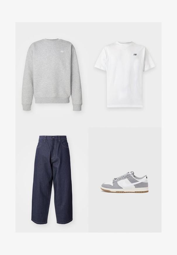 Grå crewneck sweatshirt lavet af fleece-materiale, med ribbede manchetter og kant, samt et lille hvidt logo på brystet.; Hvid t-shirt med korte ærmer og rund halsudskæring med et lille sort New Balance-logo på øverste venstre bryst på en ensartet lys baggrund.; Mørkeblå denim jeans med en løs, bred ben-design. Funktioner inkluderer en knaplukning, frontlommer og synlige stikninger.; Nike-sneakers har en øverste del i gråt ruskind og hvidt læder med perforeringer, runde snørebånd og en gummisål for greb.